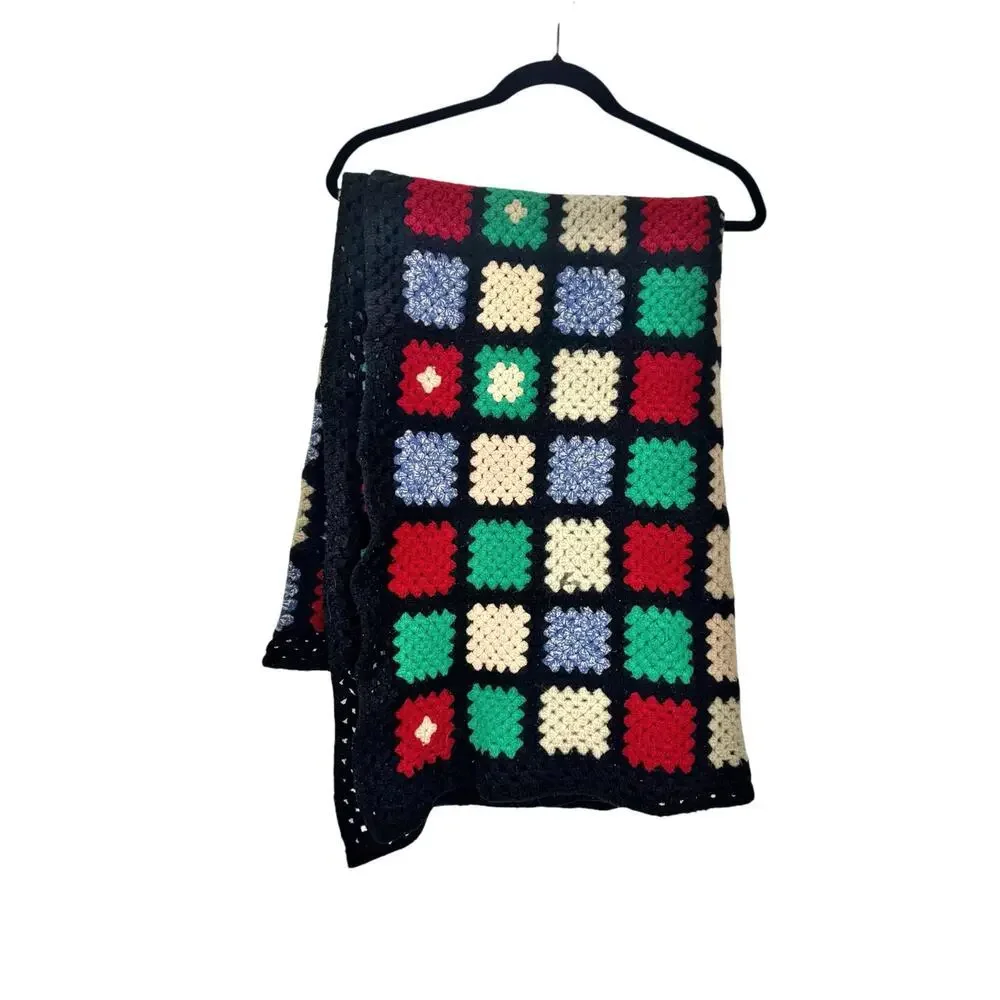 Vintage Granny Square Handmade Afghan Knitted Throw Blanket Multicolor  32”x43”